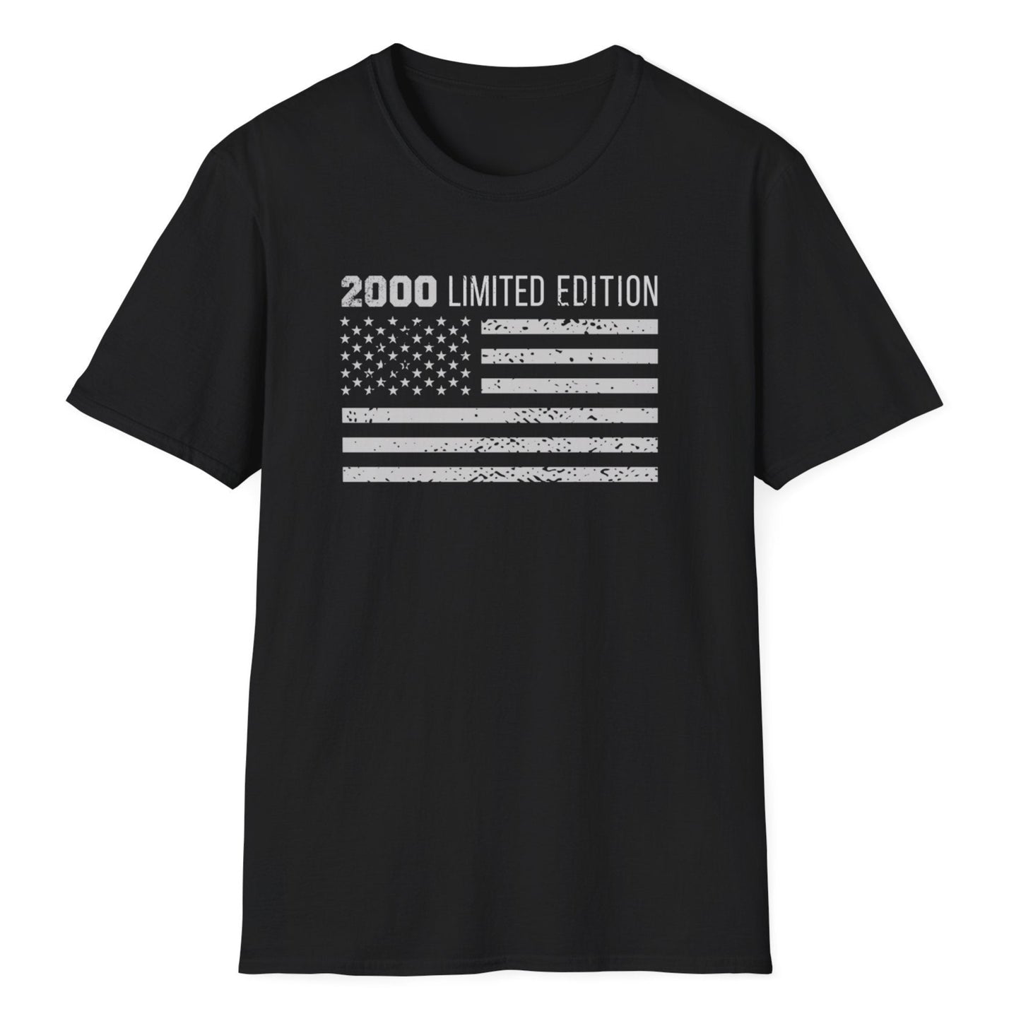 Retro American flag design featuring worn texture and distressed elements with "2000 LIMITED EDITION" on black shirt