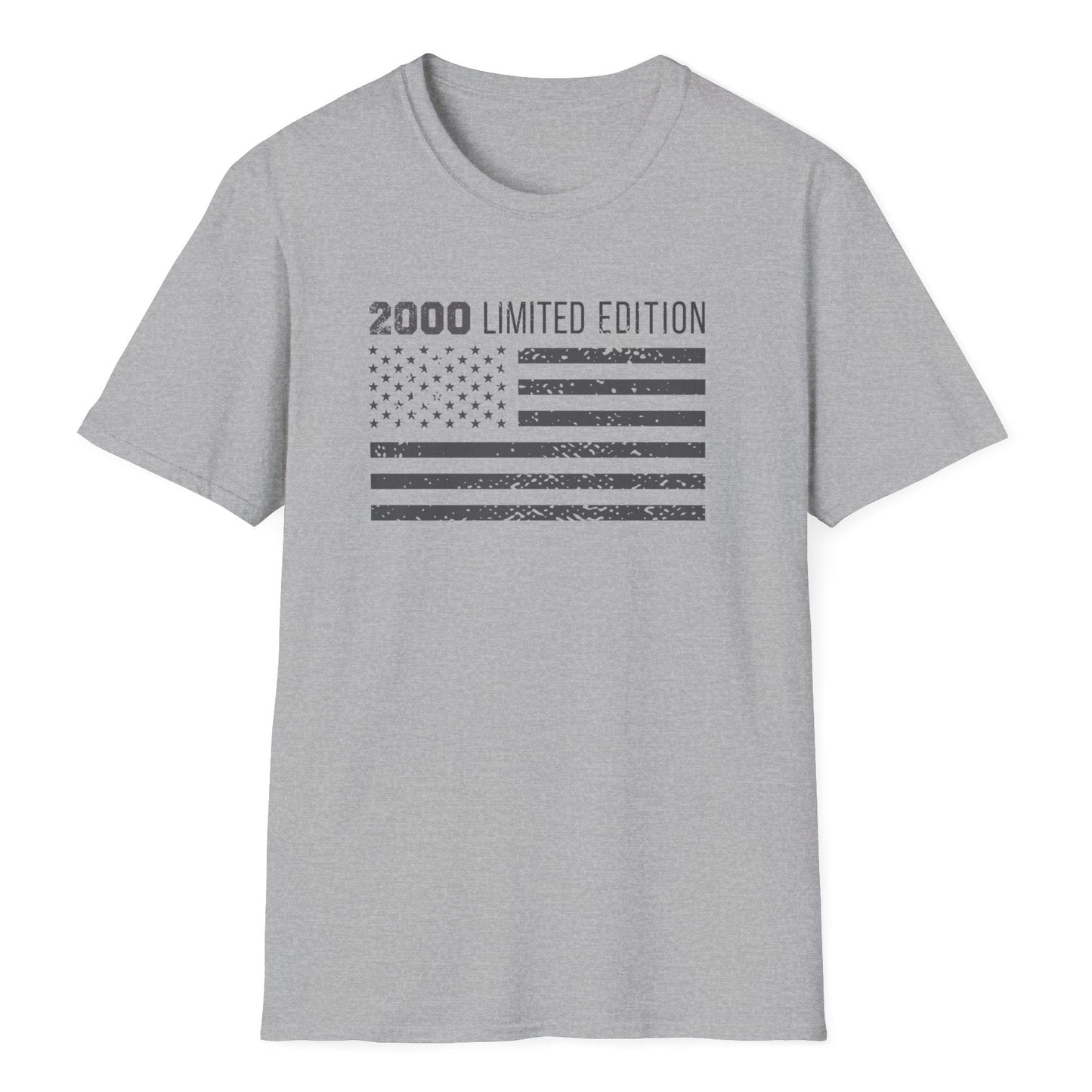 Aged American flag print with vintage distressing and faded details under "2000 LIMITED EDITION" on gray cotton tee
