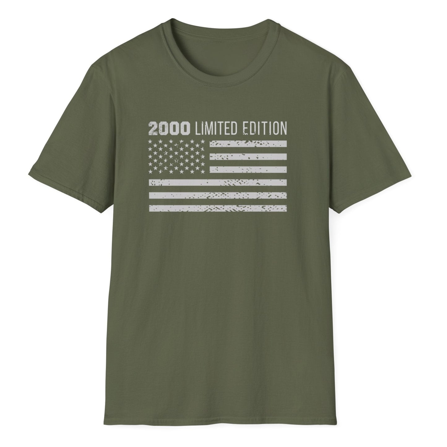 Grunge-effect US flag with textured stripes and weathered stars beneath "2000 LIMITED EDITION" text on green t-shirt