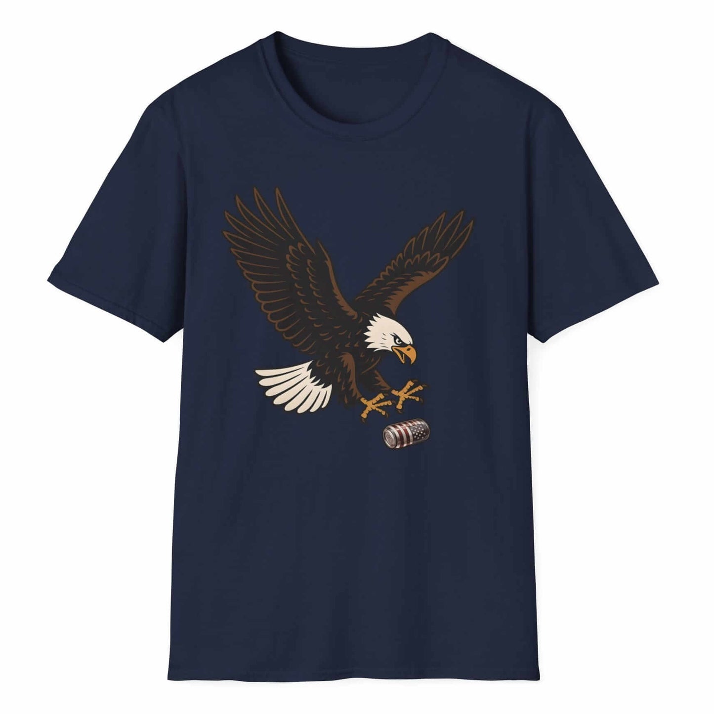 A bald eagle with spread wings and a white tail attaches a beer can in its yellow talons, a navy t-shirt