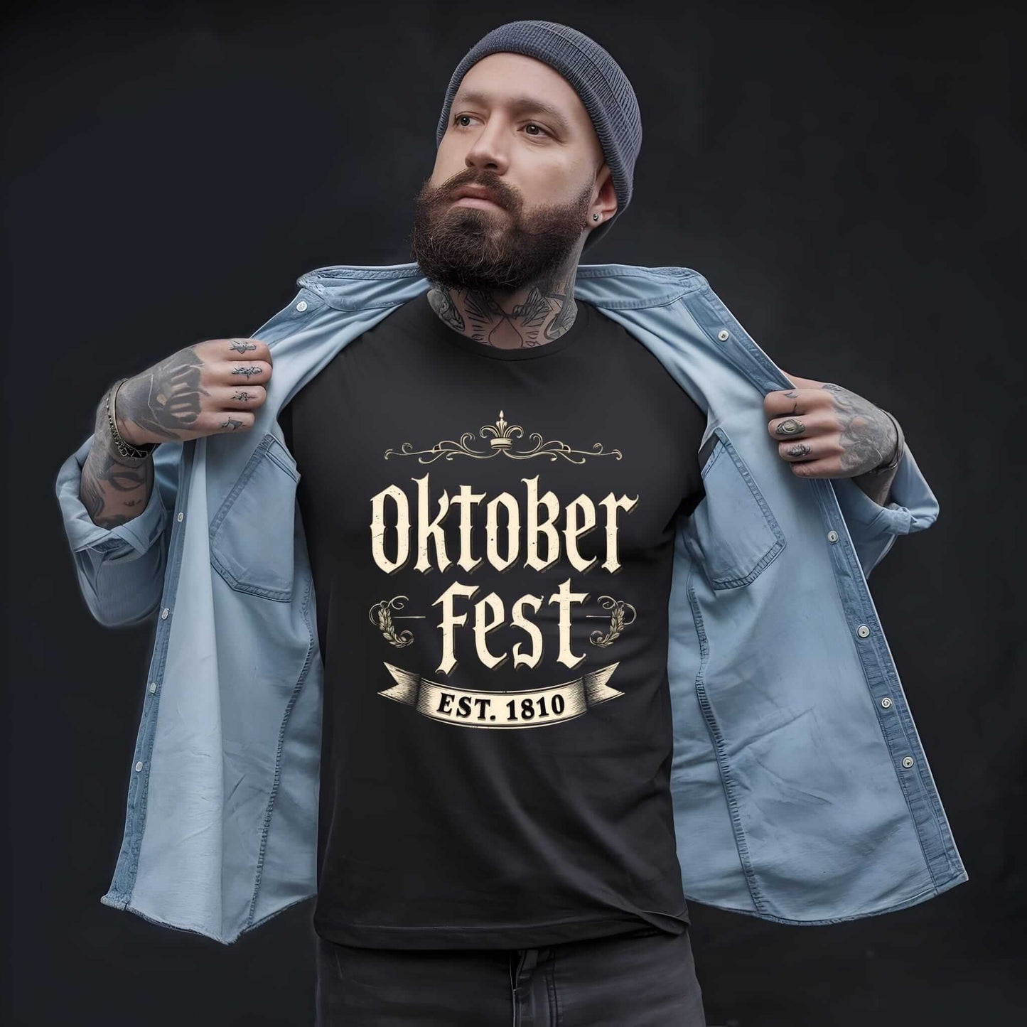 Vintage Oktoberfest design with ornate cream lettering, decorative baroque flourishes, a crown motif, and an EST. 1810 banner