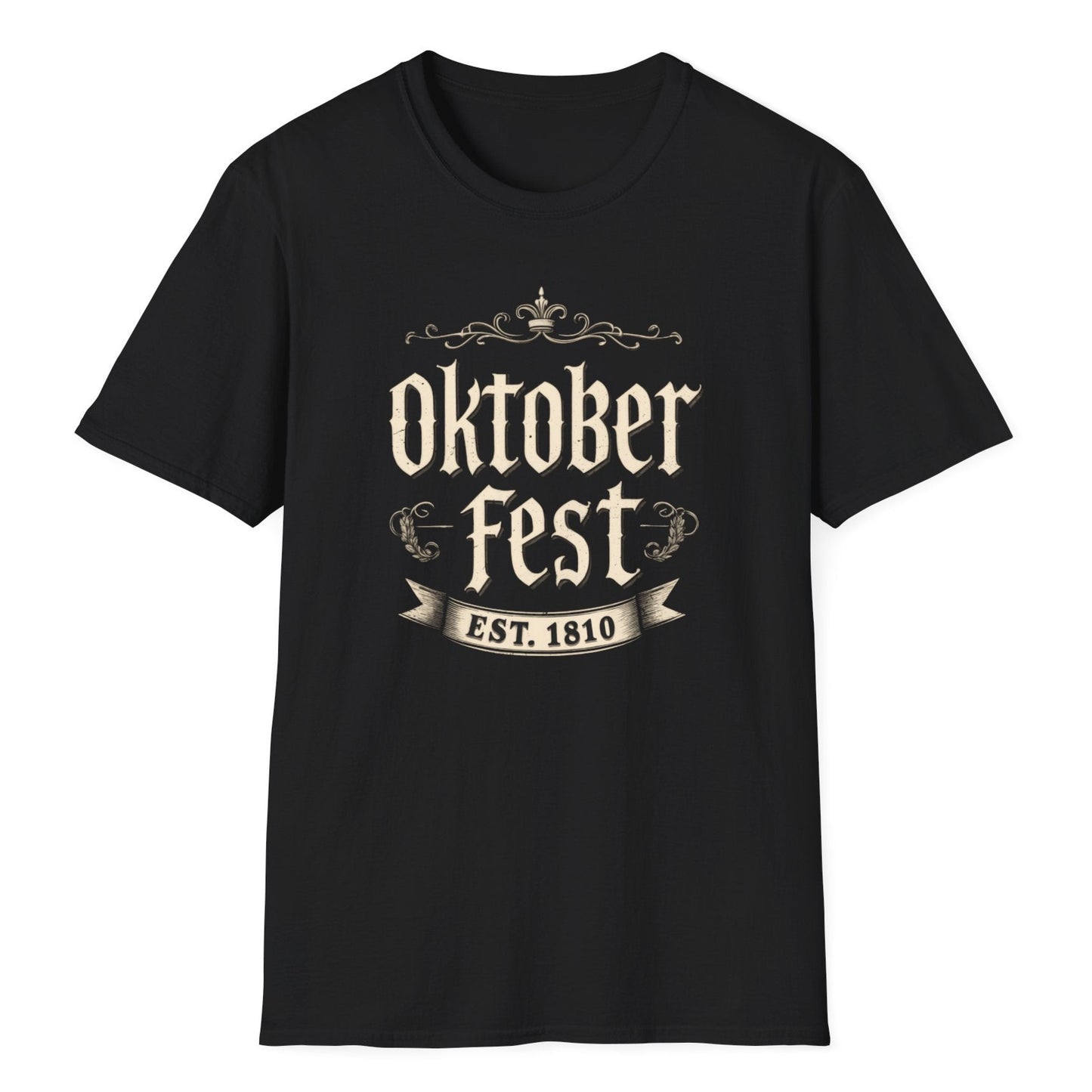 Classic Oktoberfest typography in aged serif font with elegant scrollwork borders and a historical 1810 establishment ribbon.