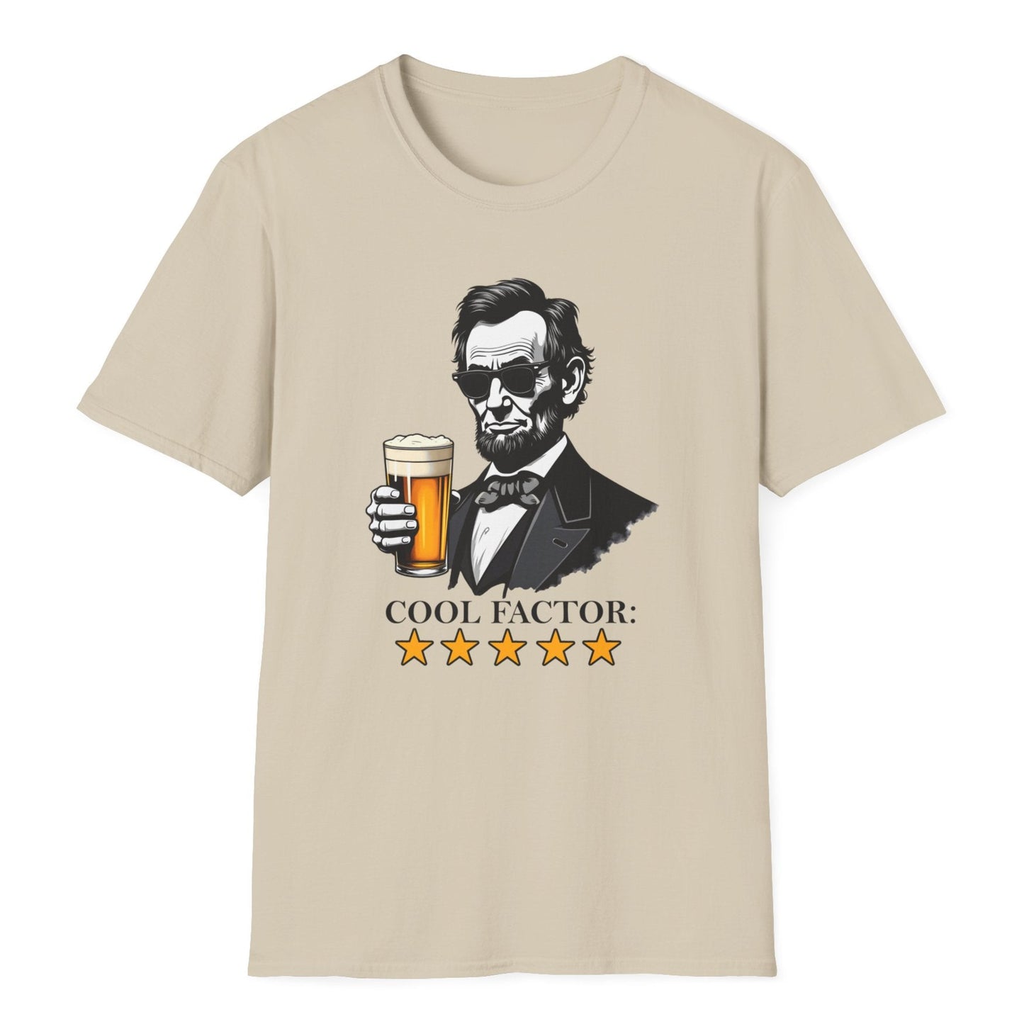 Lincoln in modern sunglasses with craft beer glass design, COOL FACTOR text, and 5-star rating graphics on the beige t-shirt.