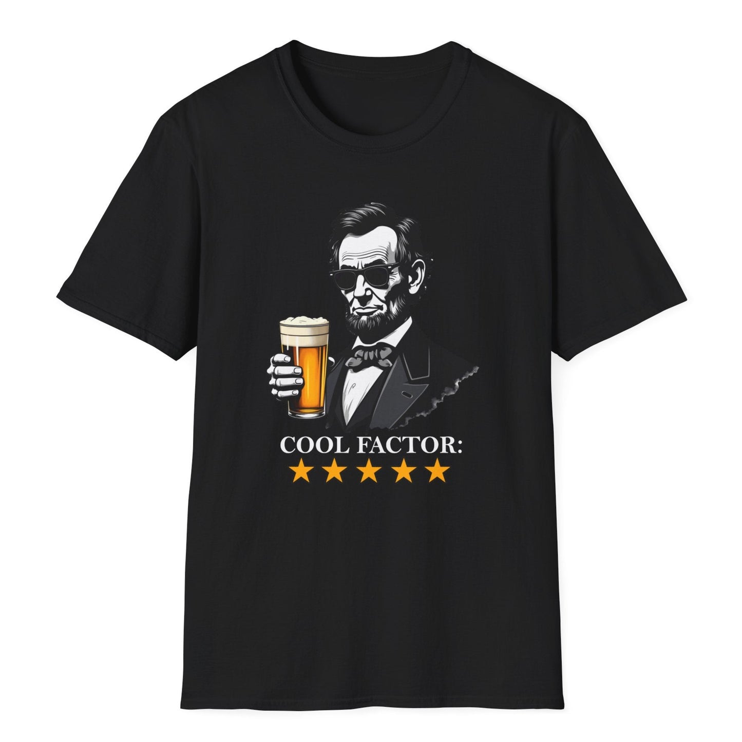 Cool Lincoln design featuring Abe in shades with frothy beer mug, COOL FACTOR rating with star graphics, Vice and Tees design