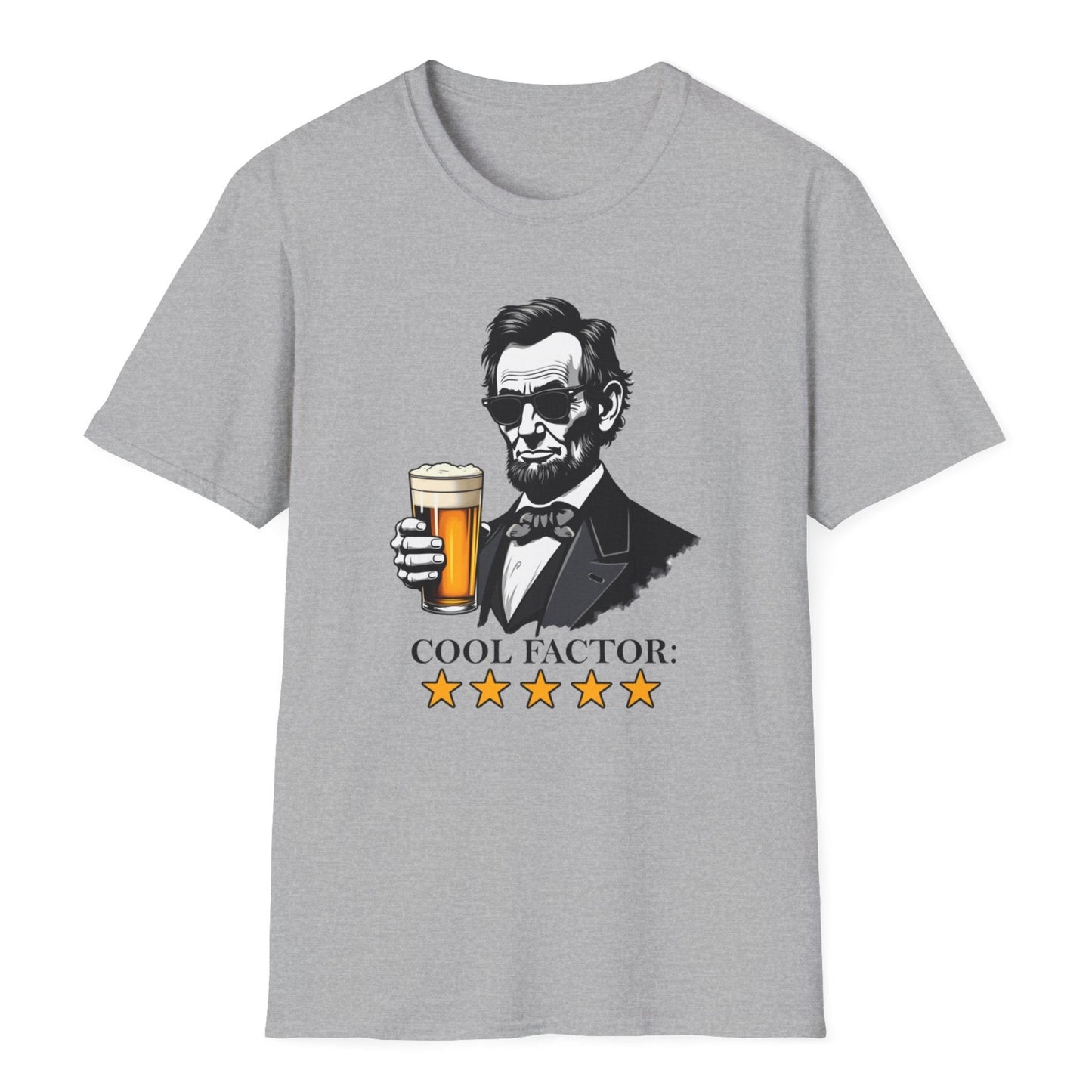 Stylized Abe Lincoln wearing shades, gripping a beer mug with foam, COOL FACTOR lettering, star symbols on the gray t-shirt.