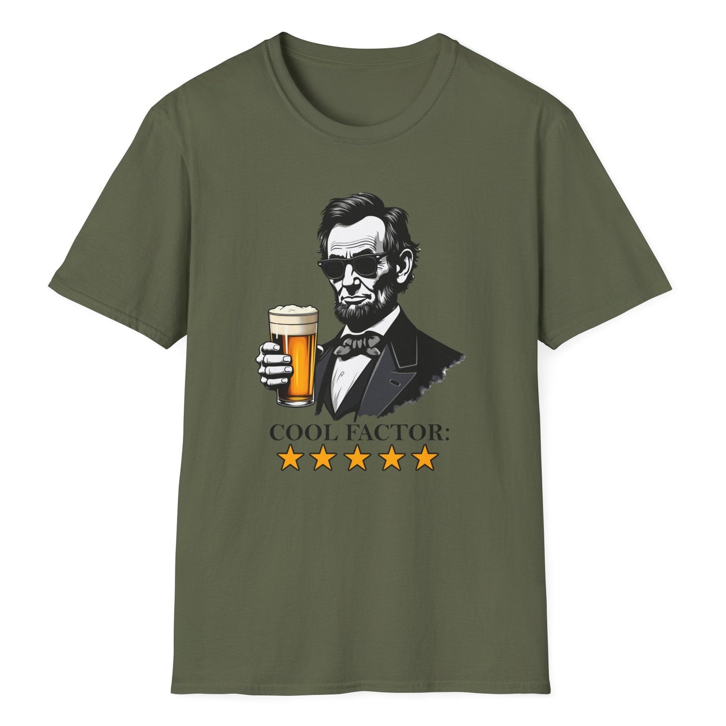 Retro Abraham Lincoln portrait in sunglasses holding golden beer with COOL FACTOR and yellow star icons on the green t-shirt.