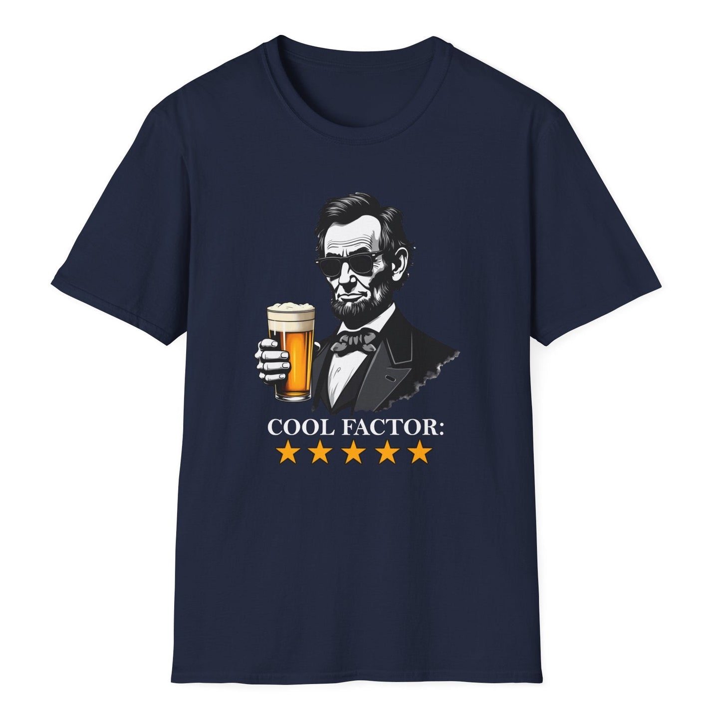 Vintage-style Lincoln illustration with aviator sunglasses, beer glass, five-star cool factor rating text design on navy tee.