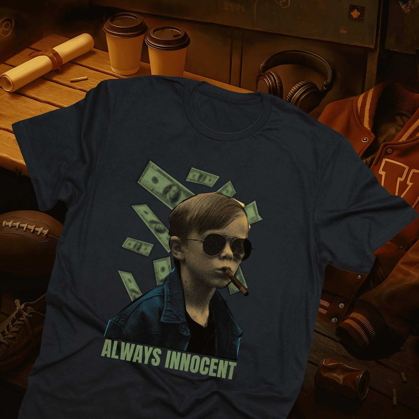 Always Innocent sarcastic quote with a cool guy in sunglasses surrounded by floating money bills, graphic design by Vice Tees
