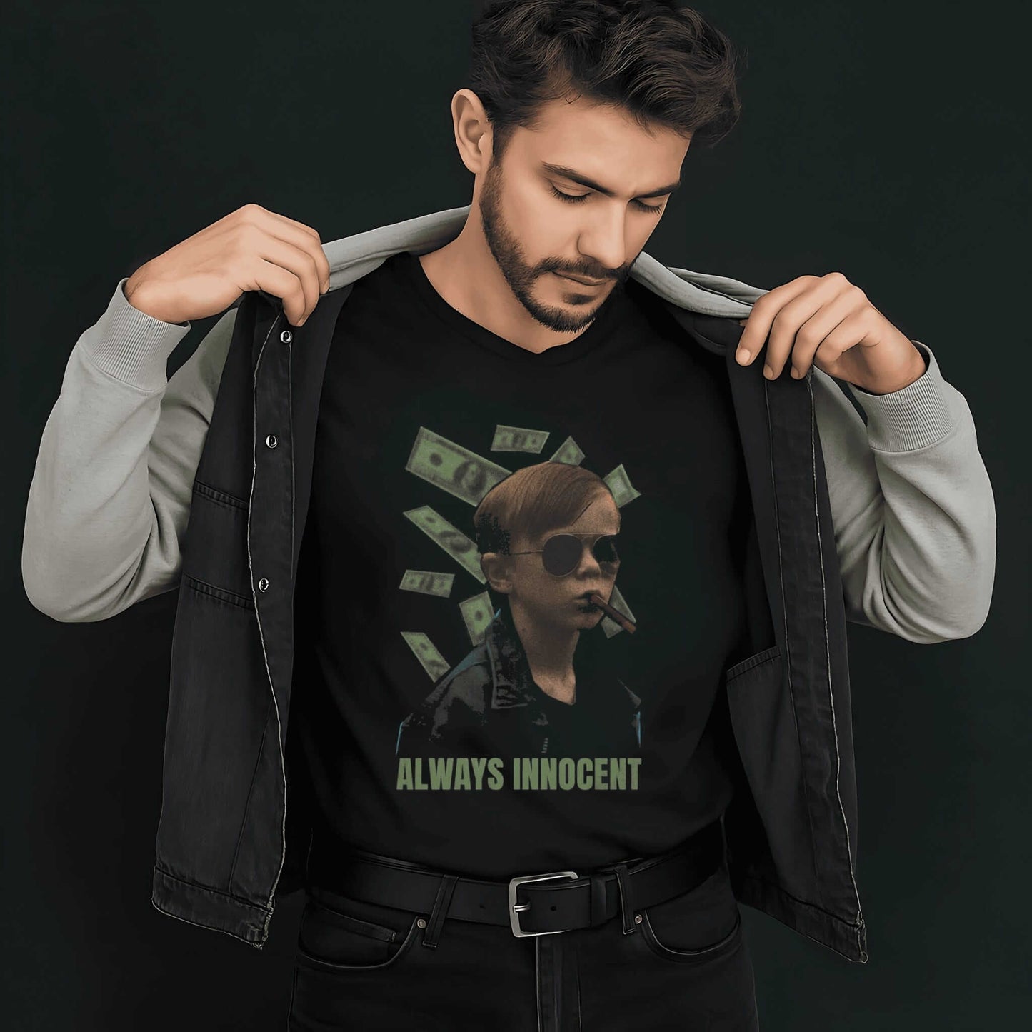 Portrait of boy in sunglasses with scattered dollar bills, ALWAYS INNOCENT text in military green below, sarcastic design.