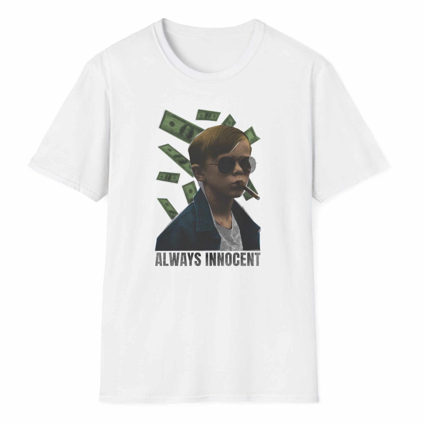 Stylized figure wearing aviators surrounded by floating money graphics, green "ALWAYS INNOCENT" lettering - ironic statement.