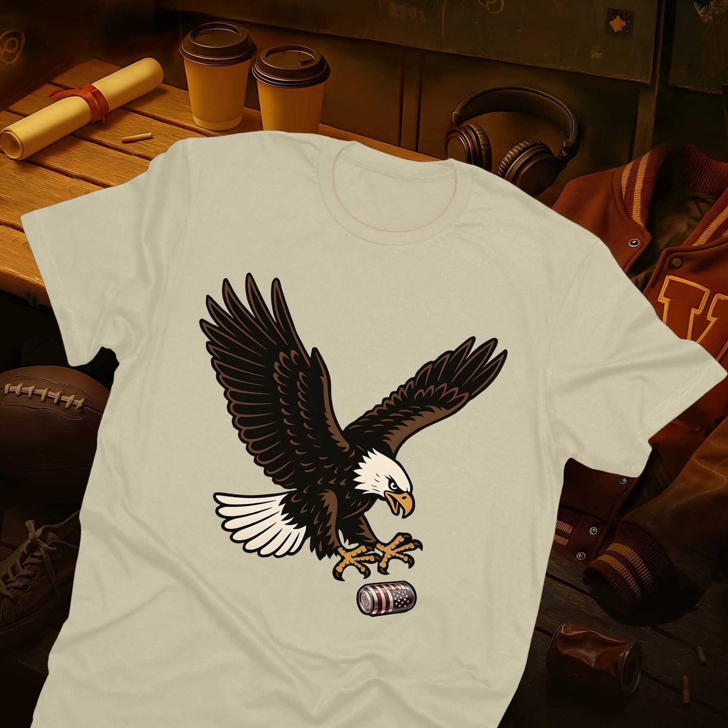 American Eagle Beer T-shirt on beige t-shirt, detailed bald eagle swooping down with talons extended toward aluminum beer can