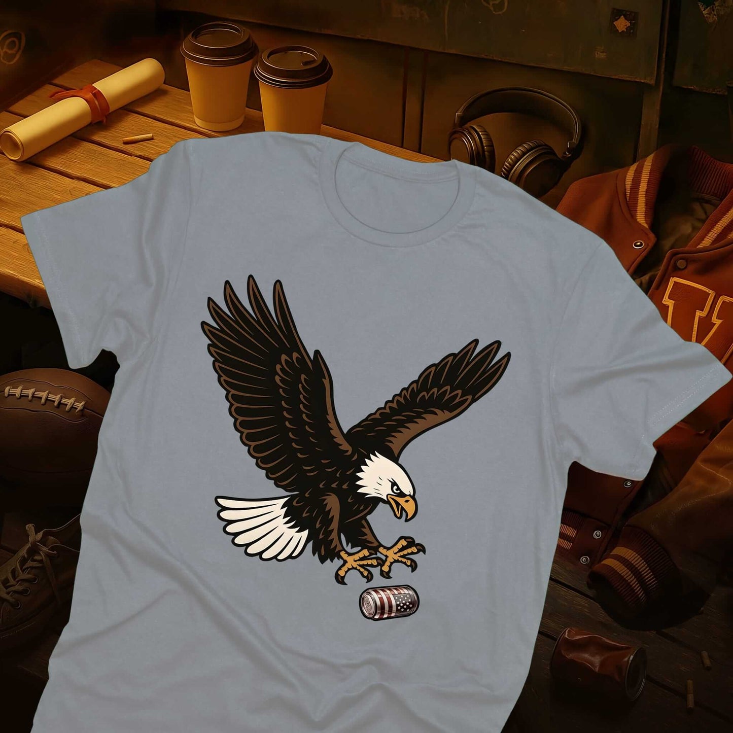 Gray shirt with eagle and beer can graphic, vintage-style artwork showing majestic bird in attack position, patriotic design