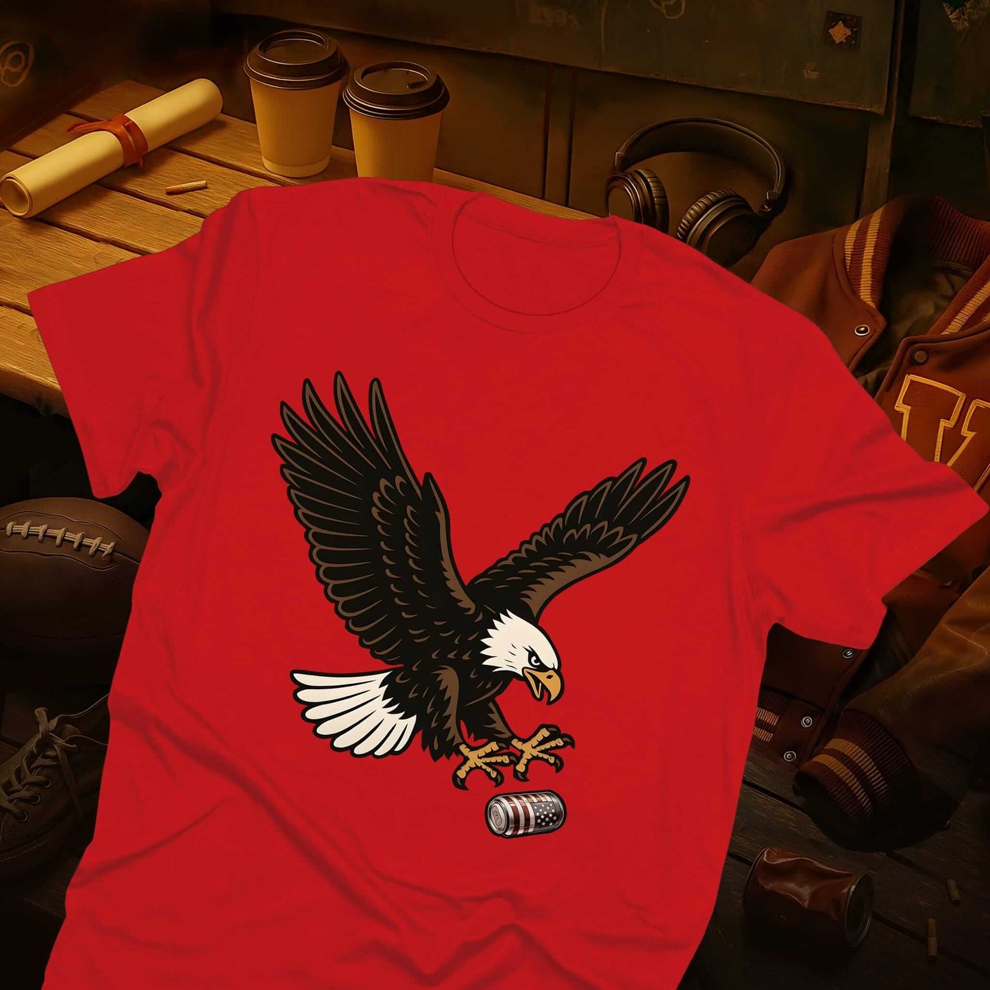 Red shirt featuring fierce bald eagle attacking beer can, vintage pop art style with detailed feather work & patriotic theme