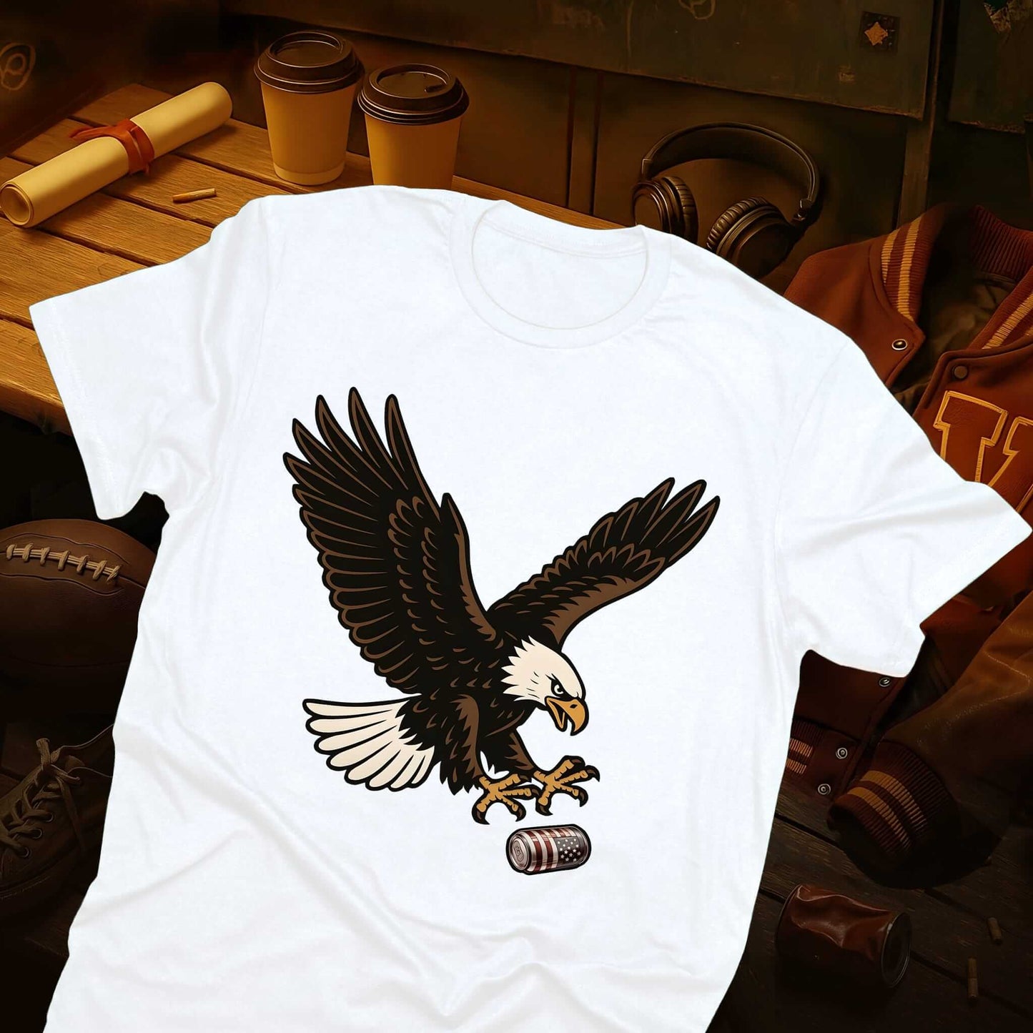 White tee with bold eagle grabbing beer can design, classic Americana artwork featuring brown eagle with white head and tail