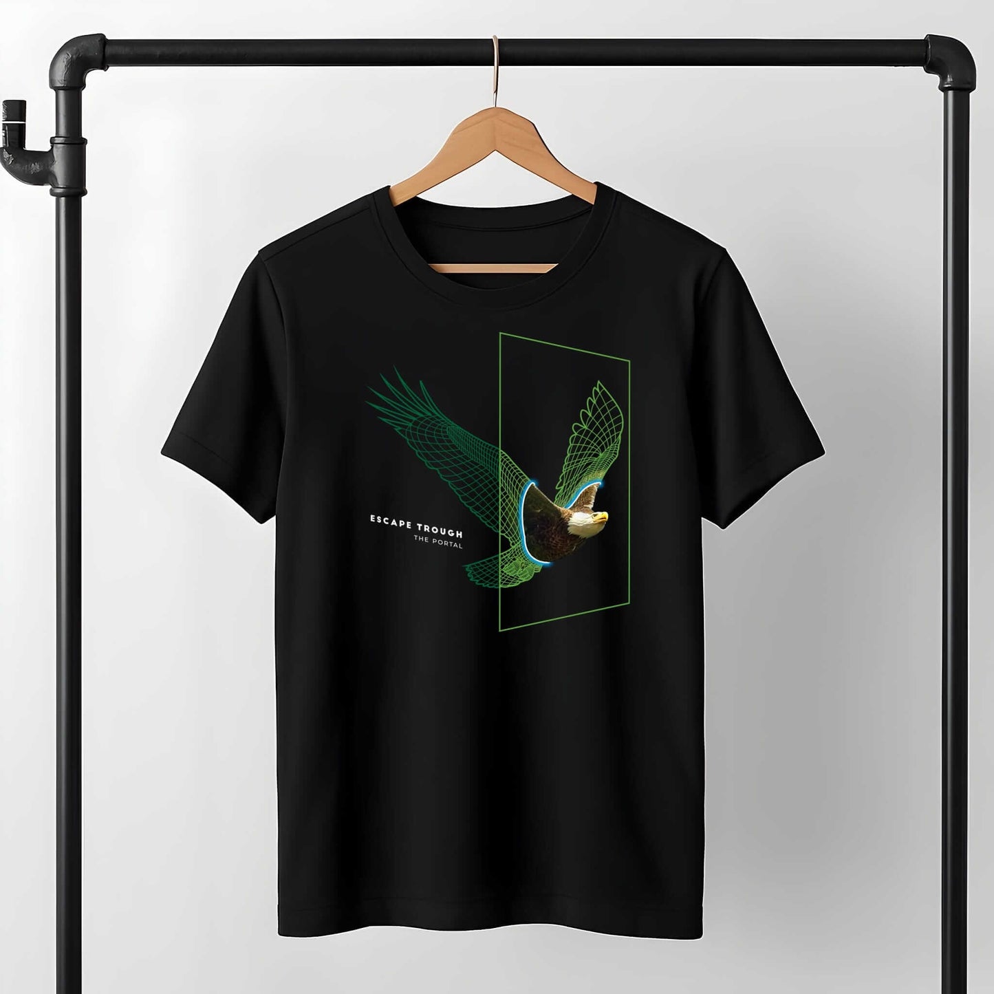 Neon wireframe American eagle with spread wings in geometric frame, "ESCAPE THROUGH THE PORTAL" text, realistic head details.