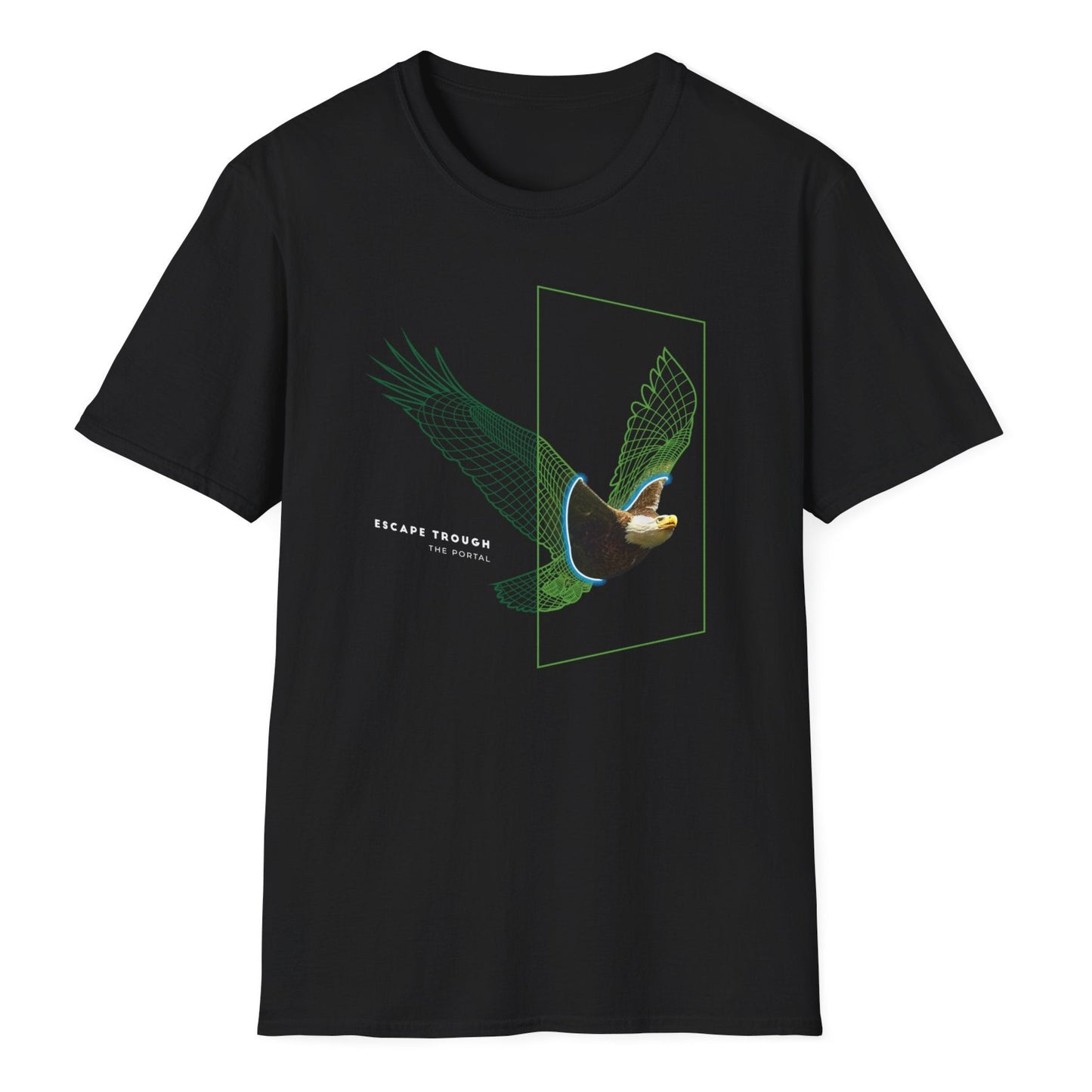Digital art bald eagle design in bright green-style, soaring pose with detailed feathers, motivational portal text overlay.