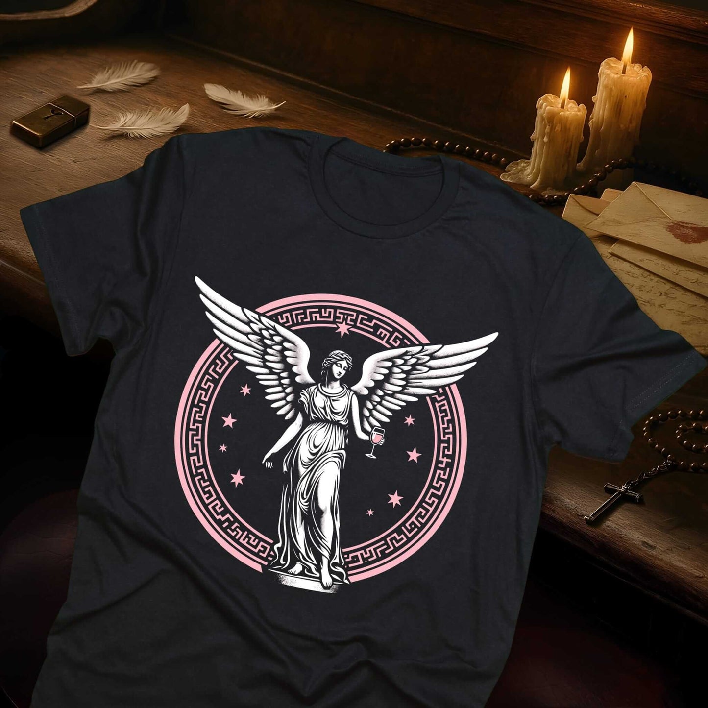 Vintage winged angel figure with outstretched wings in ornate circular border with decorative stars and flourishes on black