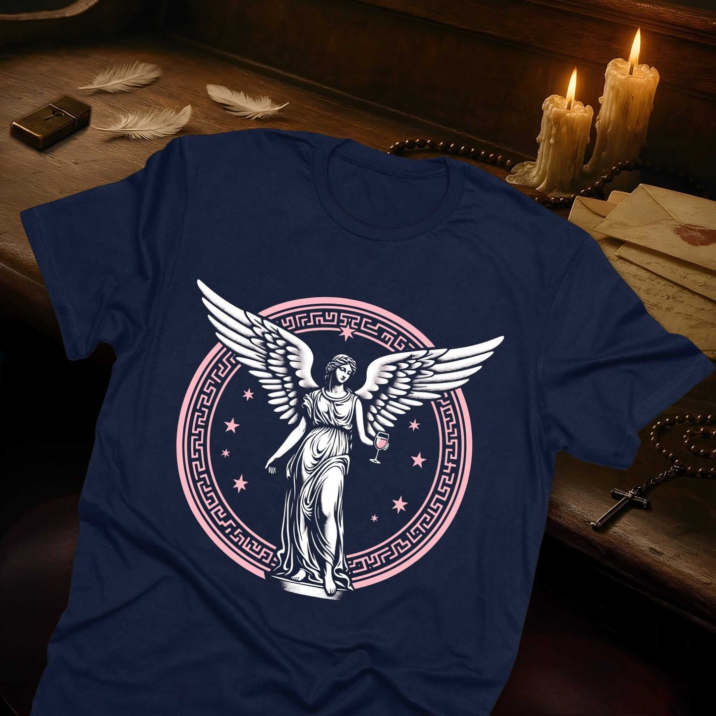 Vintage winged angel figure with outstretched wings centered in ornate circular border with decorative stars and celestial elements