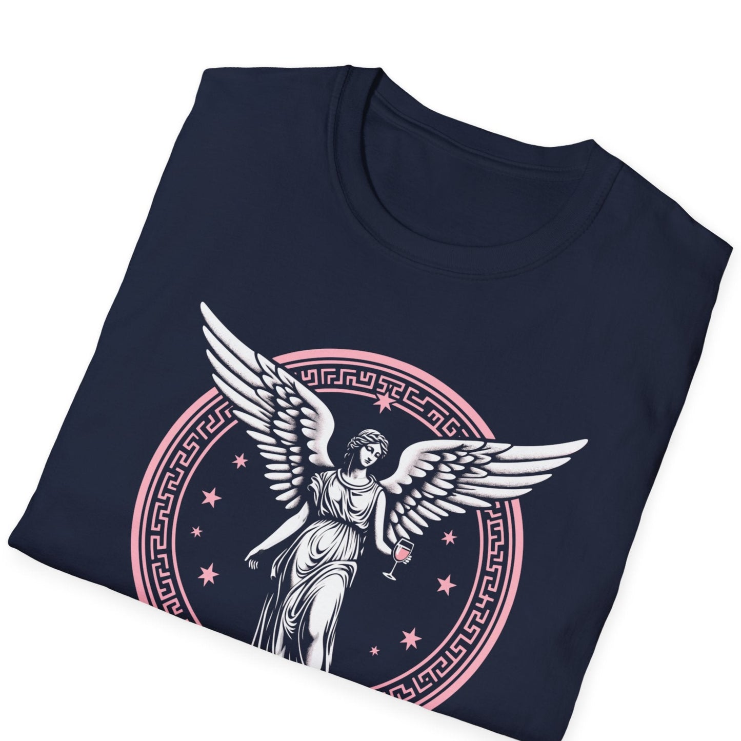 Folded navy Gildan 64000 t-shirt featuring white winged angel figure in pink circular Greek key border with decorative stars
