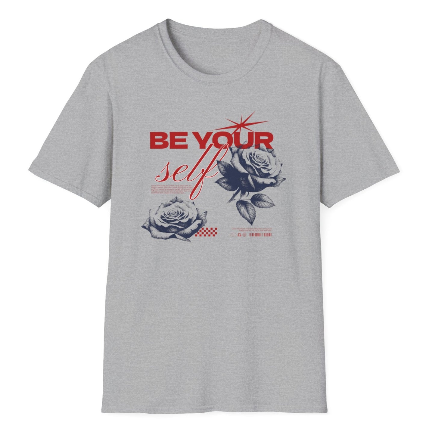 "Be Yourself" motivational text in red with elegant blue-scale roses and decorative accents on a gray tee shirt.