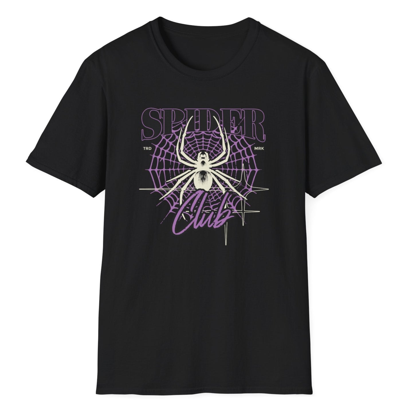 Detailed spider graphic surrounded by radiating purple web lines with vintage-style SPIDER CLUB lettering and grunge effect.