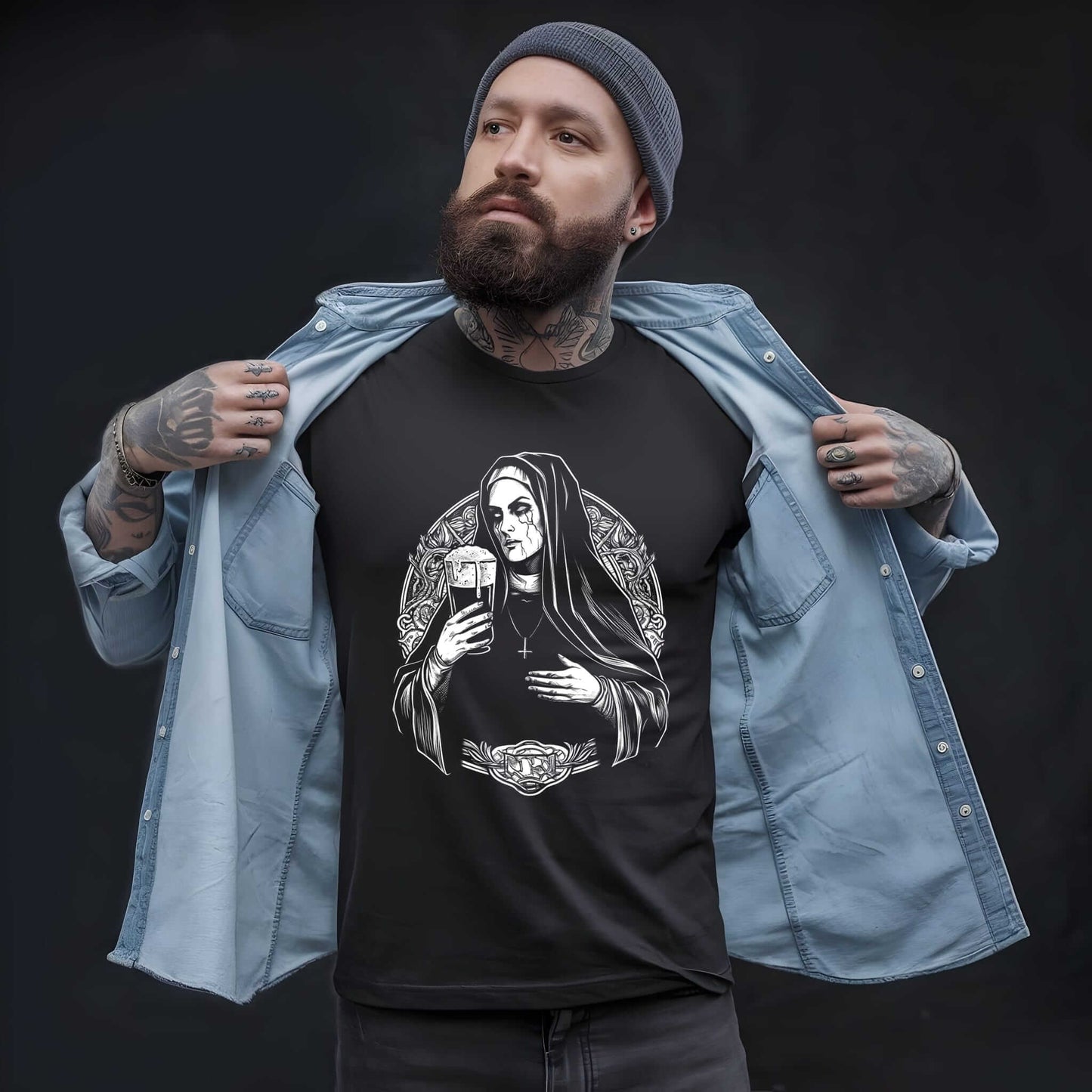 Black t-shirt with white graphic of a hooded nun figure holding a beer mug, surrounded by ornate decorative border elements.