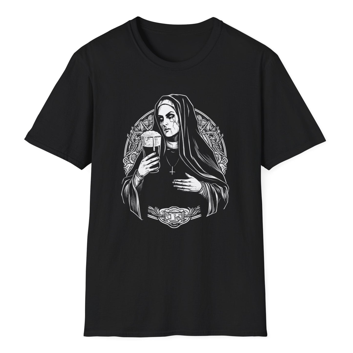 Gothic nun illustration in white ink featuring religious figure with hood, beer mug, and an intricate ornamental frame design