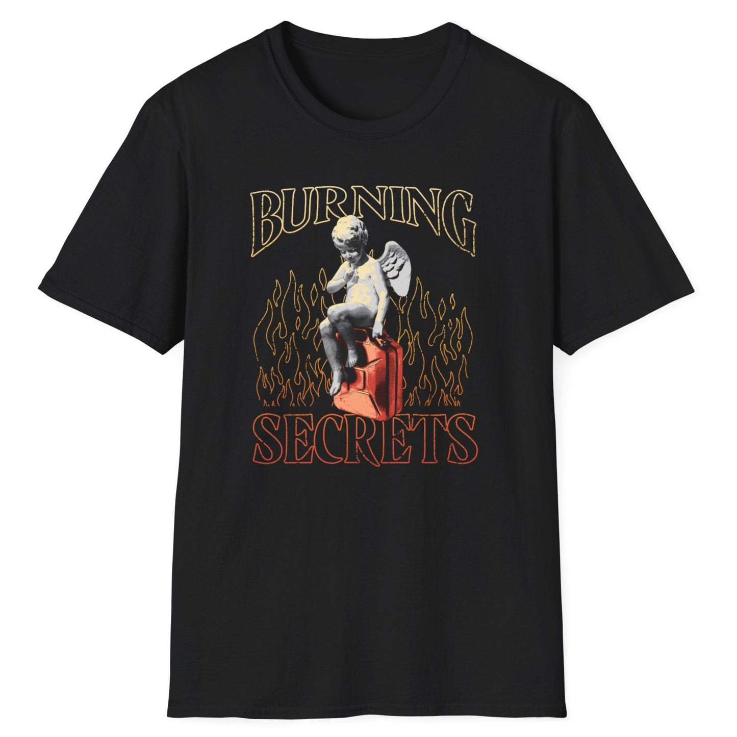 Black tee featuring winged angel figure on red canister with golden flames and orange gradient lettering in a vintage-style