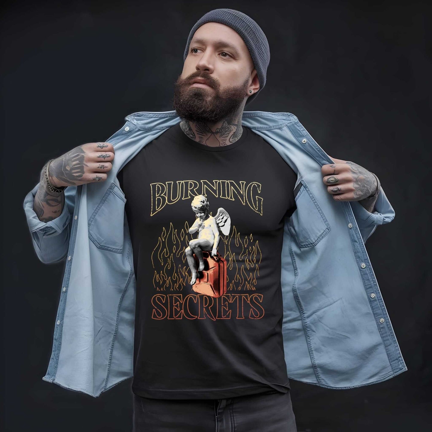 Black t-shirt with Burning Secrets design featuring line art angel with wings surrounded by fire elements, Vice Tees design.