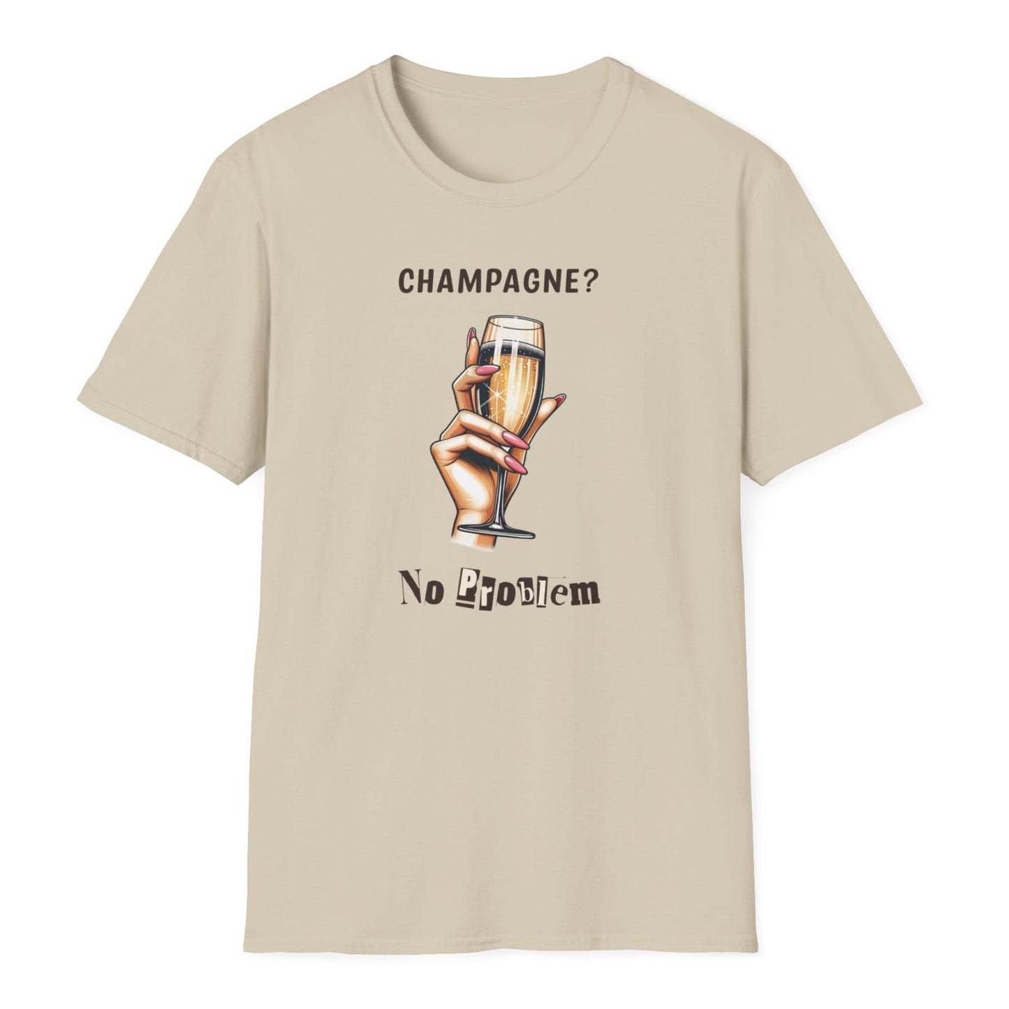 Beige tee featuring champagne glass illustration held by manicured hand, with playful 'CHAMPAGNE? No Problem' message