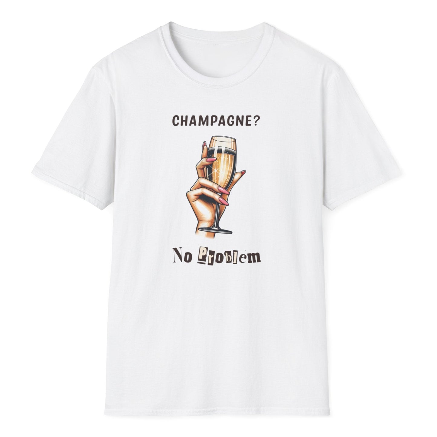 White tee with champagne design showing stylized hand gripping golden bubbly-filled flute and "CHAMPAGNE? No Problem" message