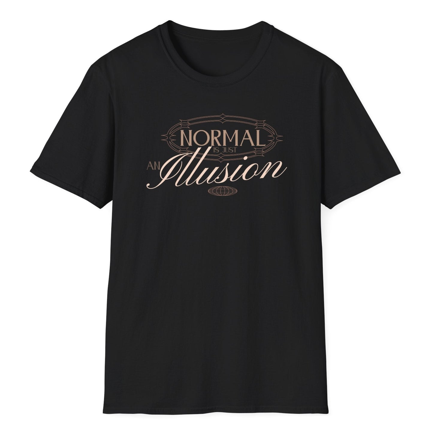 Vintage typography featuring 'NORMAL Is an Illusion' in golden-brown color with artistic flourishes and decorative borders