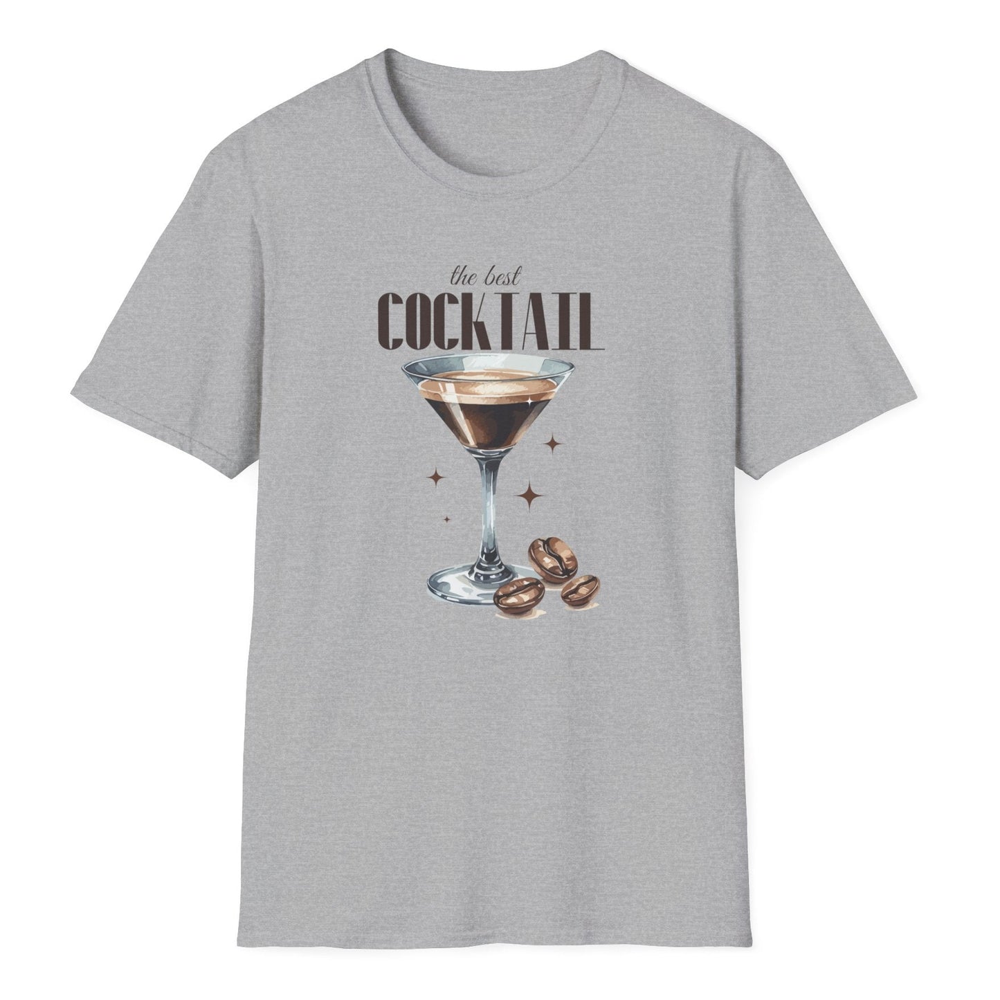Gray women's tee with cocktail lover graphic showing elegant martini glass, coffee beans, and stylized typography