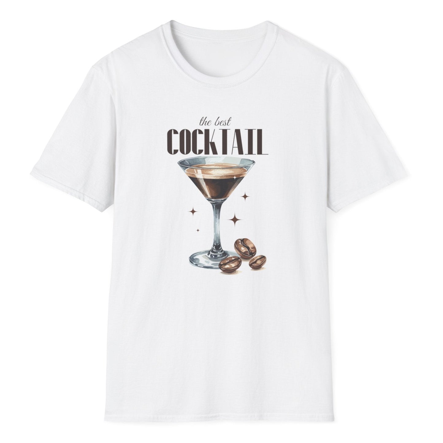 White women's tee displaying cocktail-themed design with martini glass graphic, coffee beans, 'the best COCKTAIL' lettering.