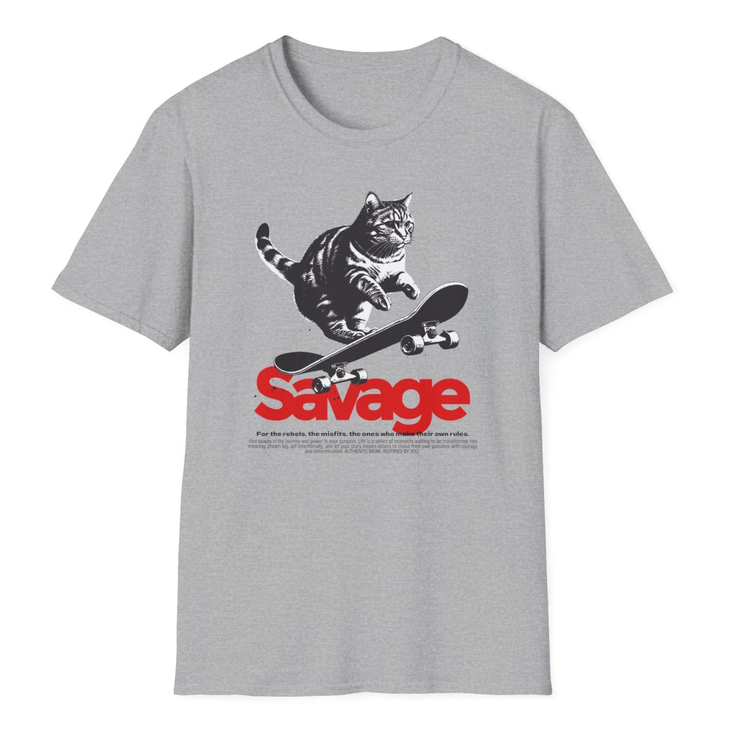 Urban-inspired tabby cat skateboard design with bold black graphics on gray tee shirt fabric, design by Vice and Tees.