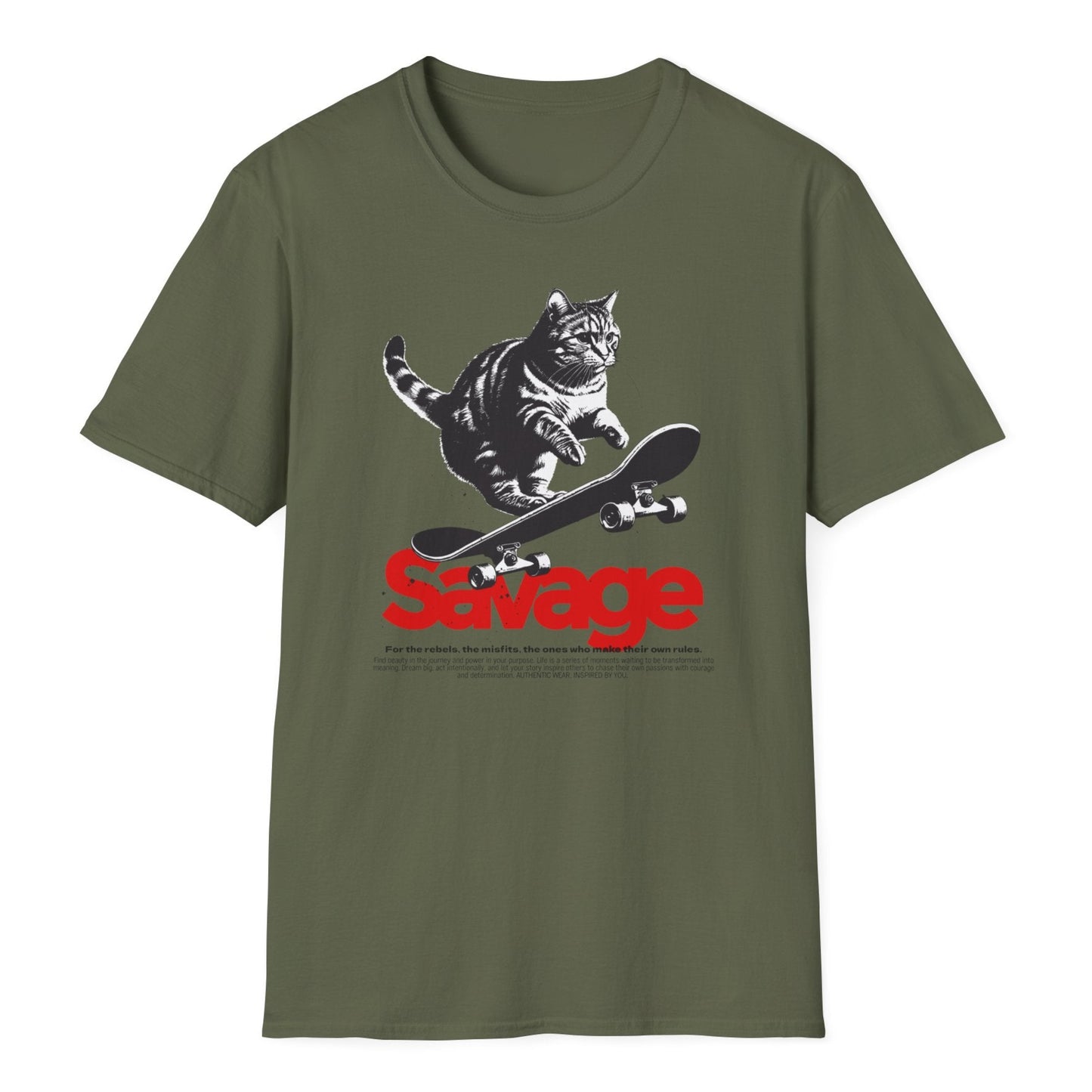 Striking tabby cat skateboard design in black ink on a green tee with urban streetwear aesthetic, designed by Vice and Tees.
