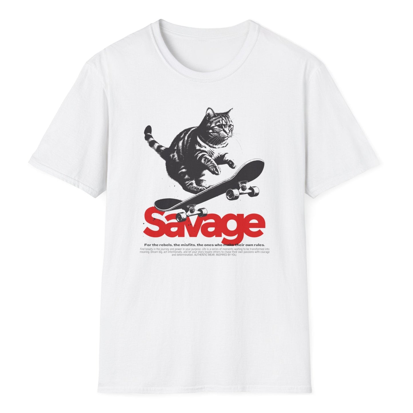 Cool feline skateboarder graphic featuring a detailed cat illustration in a bold monochrome design, on white color tee shirt.