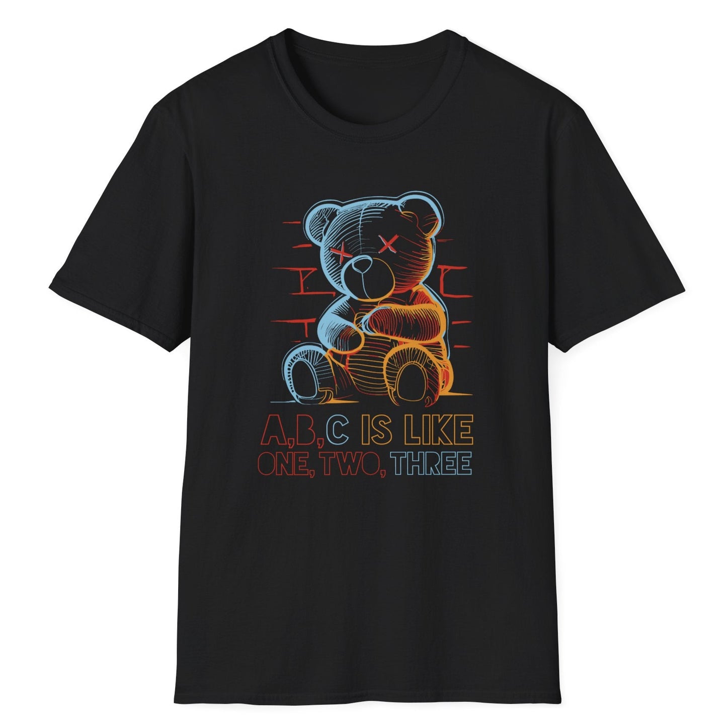 Black t-shirt featuring neon wireframe teddy bear in neon blue and orange with "A,B,C IS LIKE ONE, TWO, THREE" text below