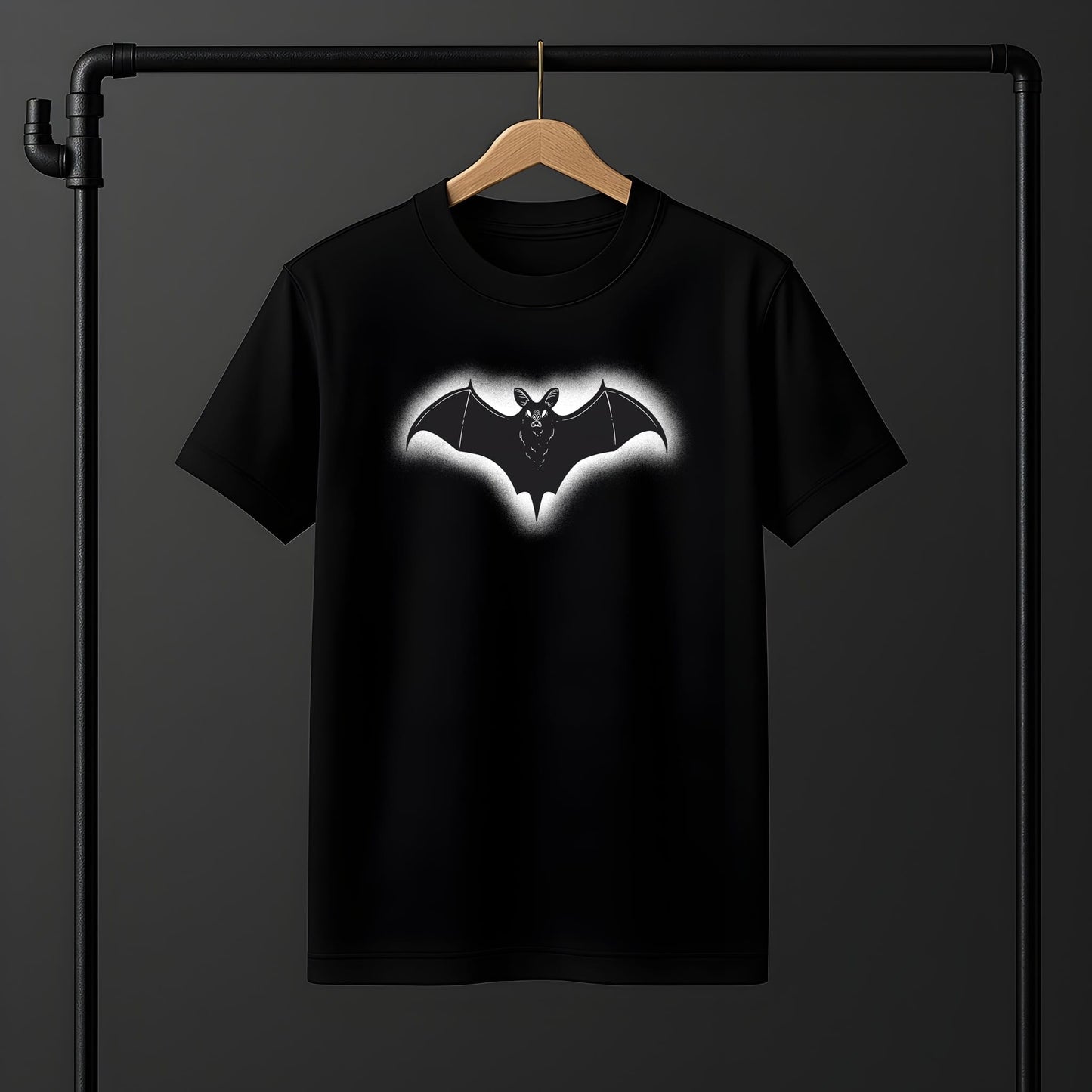Dramatic bat wings design in silver-gray tones, showcasing intricate wing details and menacing bat face in gothic style