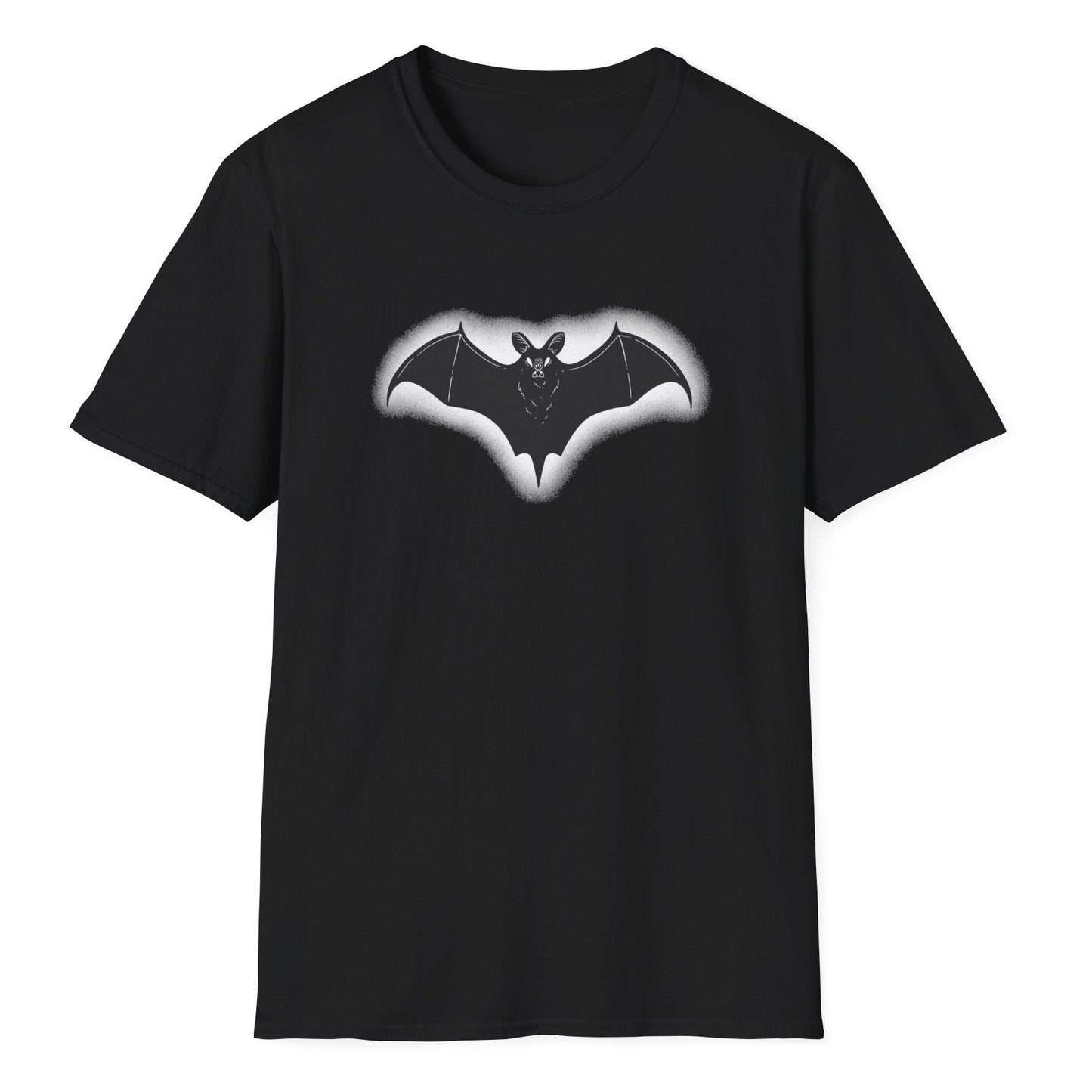 Stylized bat graphic with outstretched wings in gray shading, displaying a gothic creature with detailed wing structure
