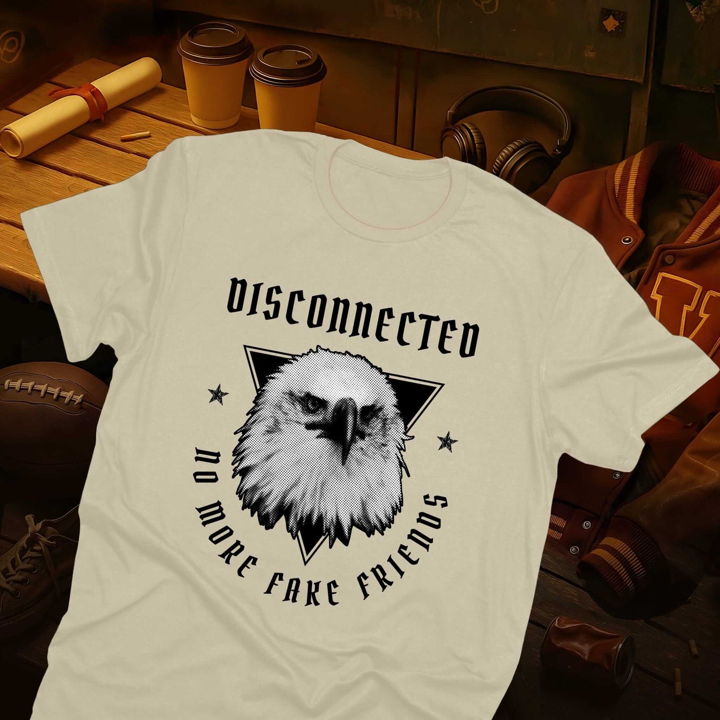 Eagle graphic with triangular frame, "DISCONNECTED" header text, and "NO MORE FAKE FRIENDS" arc text on beige colored t-shirt