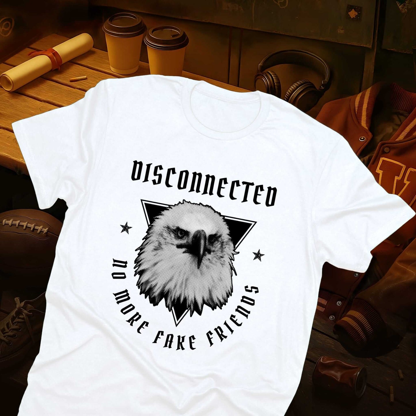 Portrait of an eagle head in a triangle with "DISCONNECTED" text above and "NO MORE FAKE FRIENDS" below on a white t-shirt.