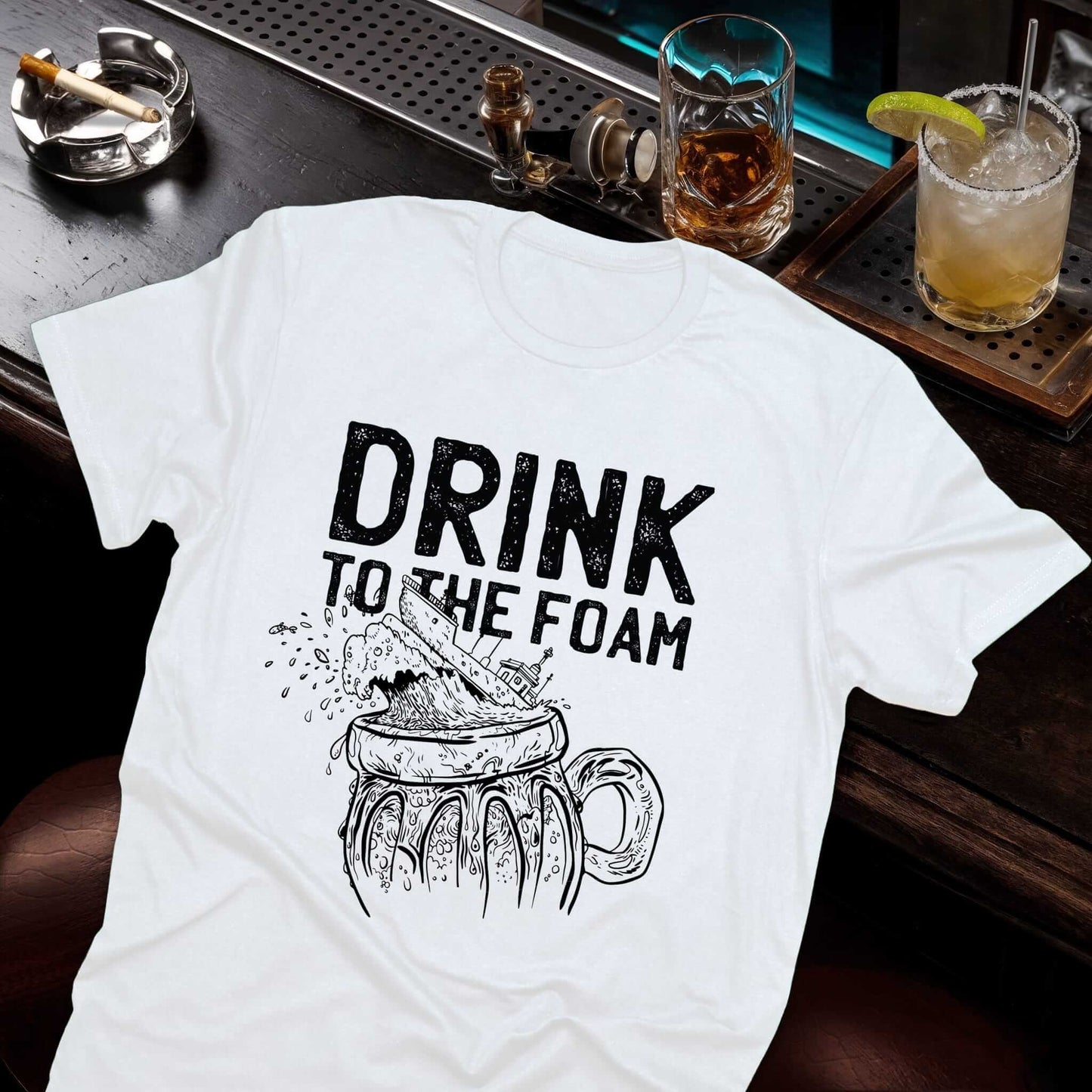 Drink to the Foam beer t-shirt with vintage distressed text and hand-drawn foam mug illustration in black ink