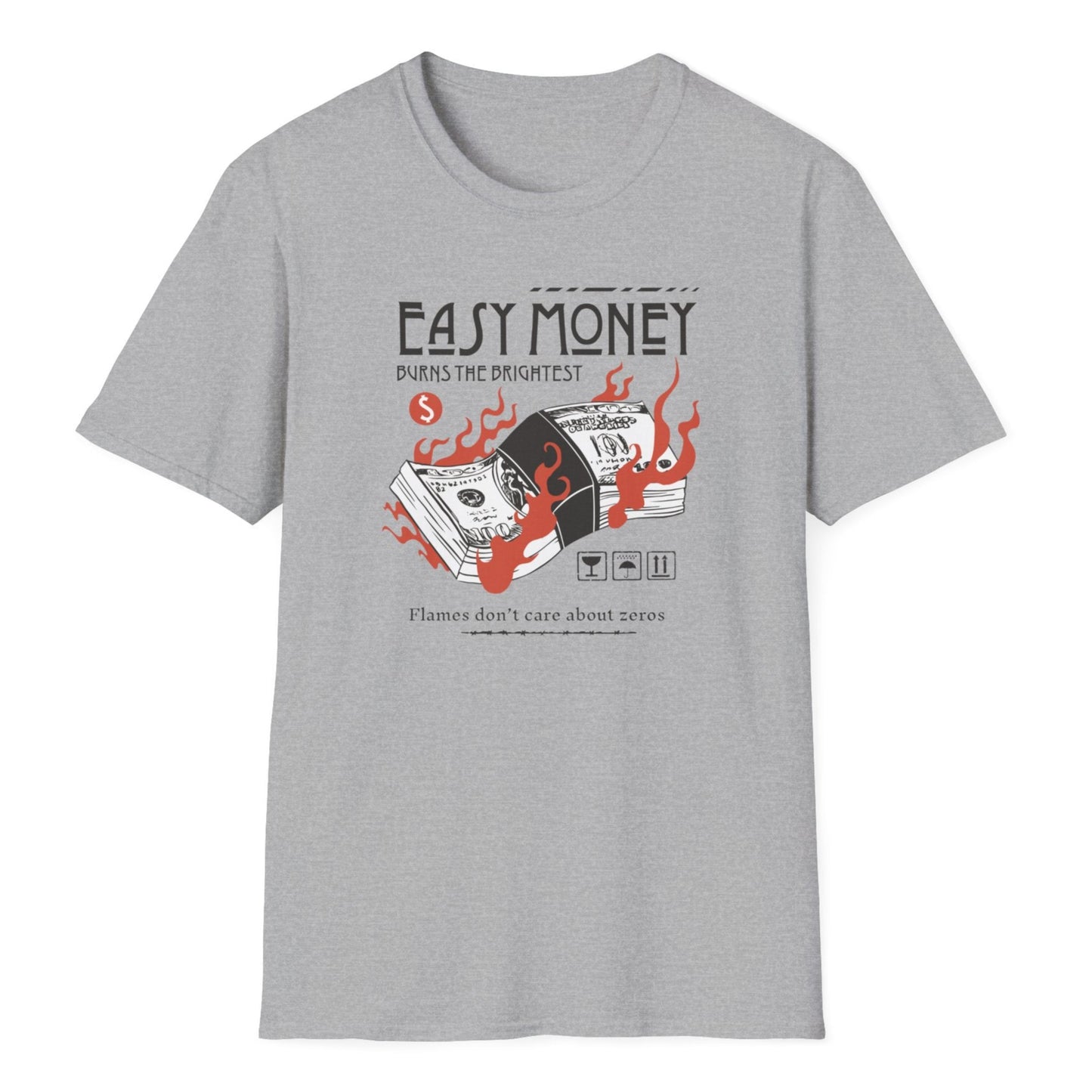Easy Money dollar bill design with flame graphics and red accents on gray shirt