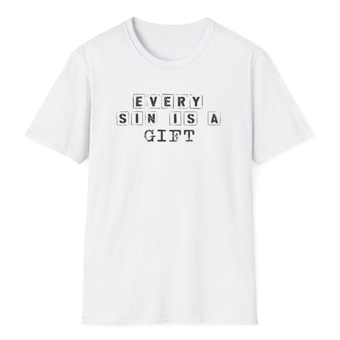 "Every Sin Is a Gift" in dark crossword puzzle blocks with intersecting words creating geometric grid pattern on a white tee
