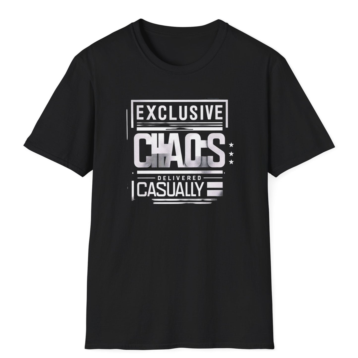 Black casual t-shirt with Exclusive Chaos Delivered Casually white typography, bold geometric frames, and street-style design