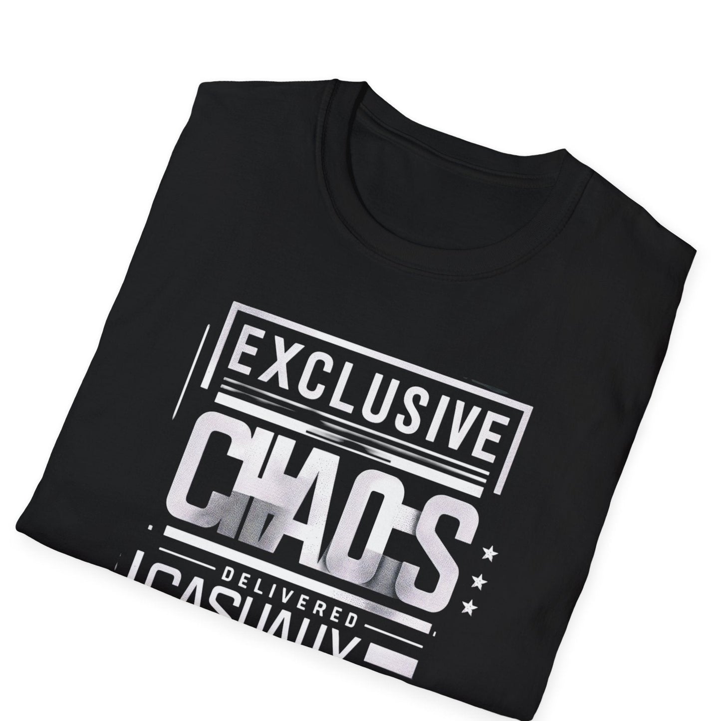 Folded black t-shirt with Exclusive Chaos Delivered Casually white typography design in bold urban streetwear graphic style