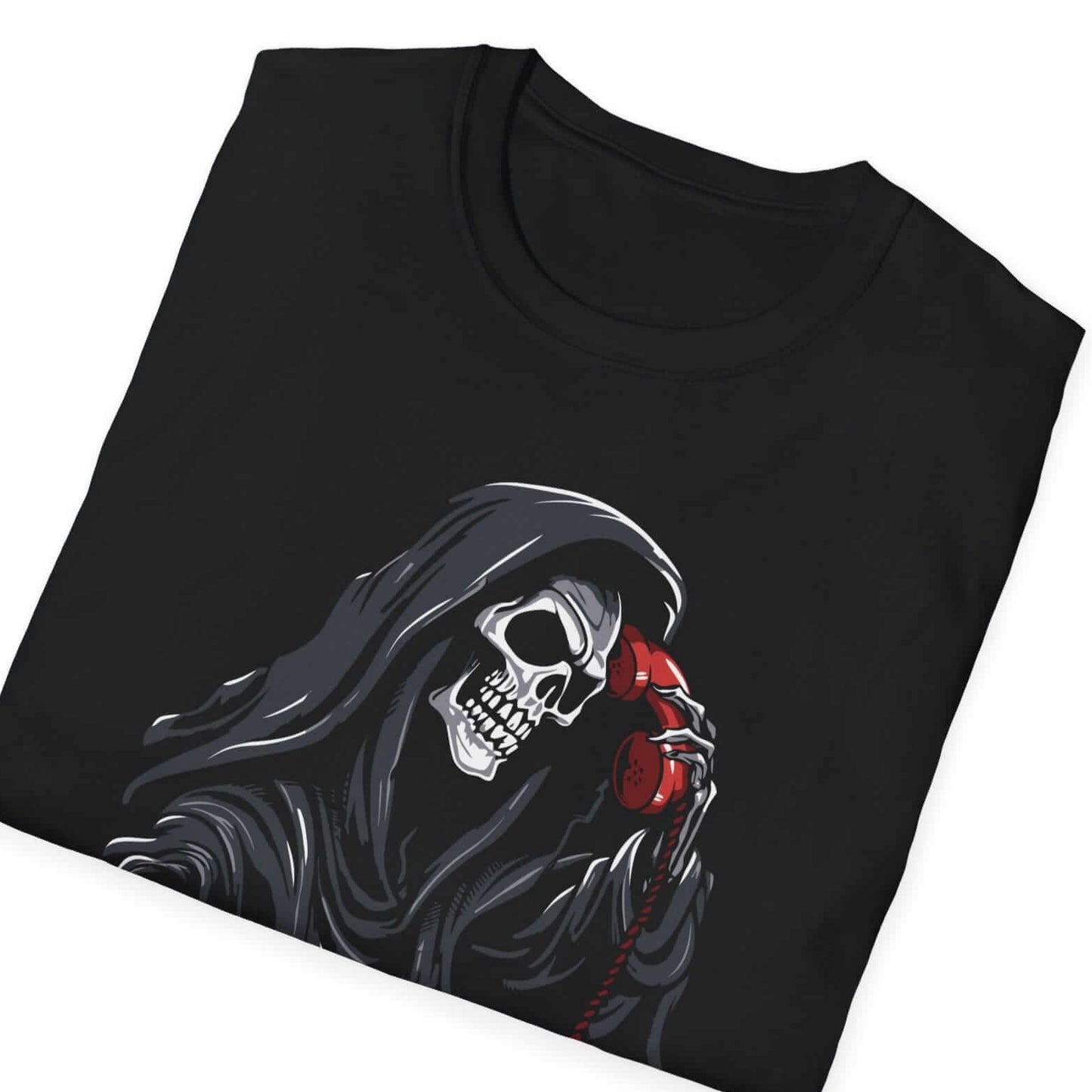 Folded black Halloween t-shirt with Grim Reaper answering red phone design, showing quality fabric and detailed artwork print