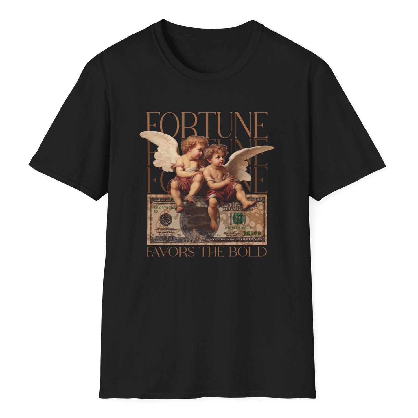 Vintage-style black tee: classical putti cherubs with wings on aged $100 currency, metallic gold "Fortune Favors The Bold" text