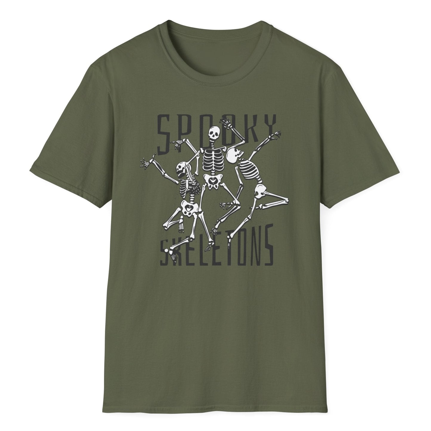 Halloween skeleton dance party design featuring playful bone characters on a military green shirt, Vice and Tees design.